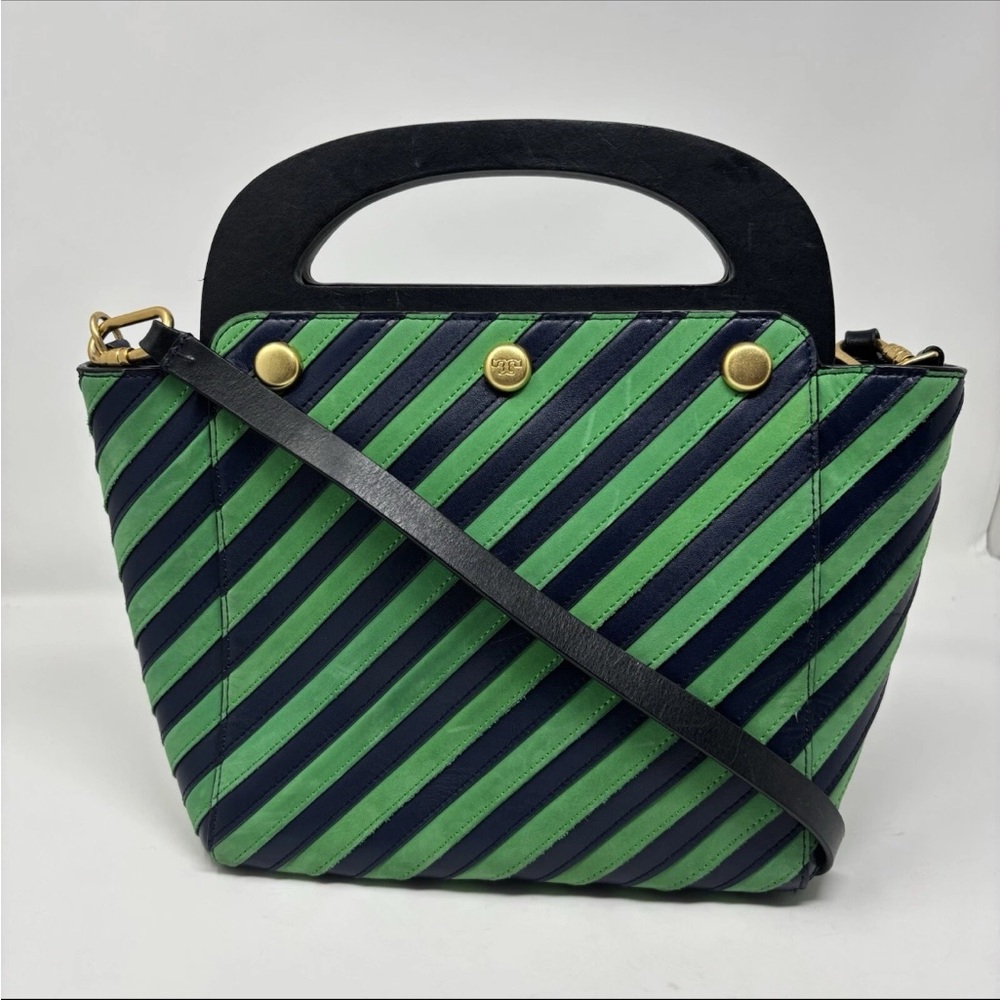 Tory Burch Green & Blue Striped Bermuda Bag Runway 2017 Collection Leather Purse